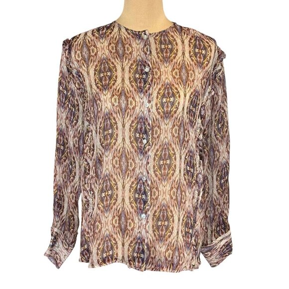 Massimo Dutti Boho Chiffon Blouse Sz.M Multi Printed Sheer Maximalist Career - Picture 2 of 15
